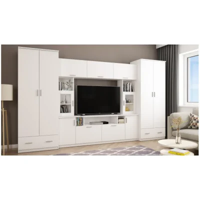 Meblościanka z nadstawkami, dużymi szafami i miejscem na TV 370×210 cm Biel Arktyczna – TAJGA