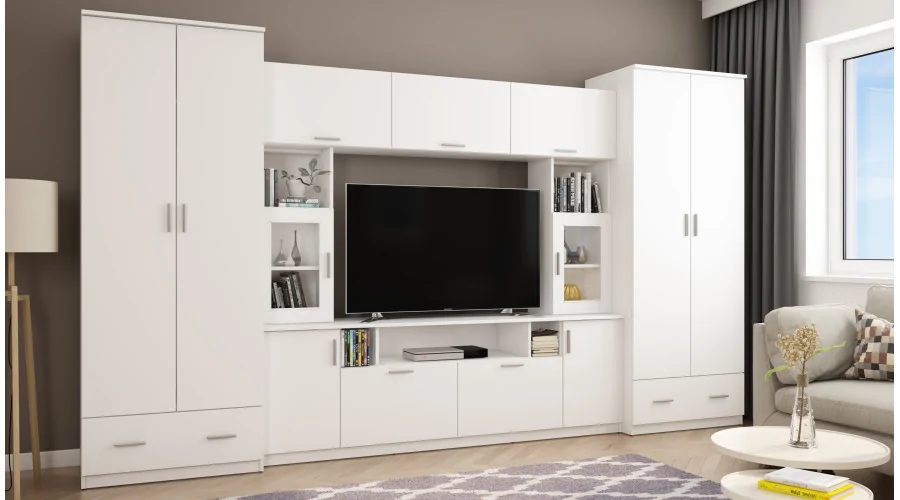 Meblościanka z nadstawkami, dużymi szafami i miejscem na TV 370×210 cm Biel Arktyczna – TAJGA