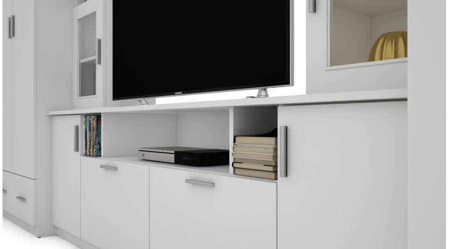 Meblościanka z nadstawkami, dużymi szafami i miejscem na TV 370×210 cm Biel Arktyczna – TAJGA