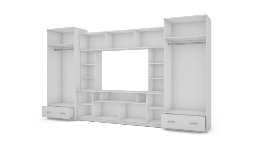 Meblościanka z nadstawkami, dużymi szafami i miejscem na TV 370×210 cm Biel Arktyczna – TAJGA
