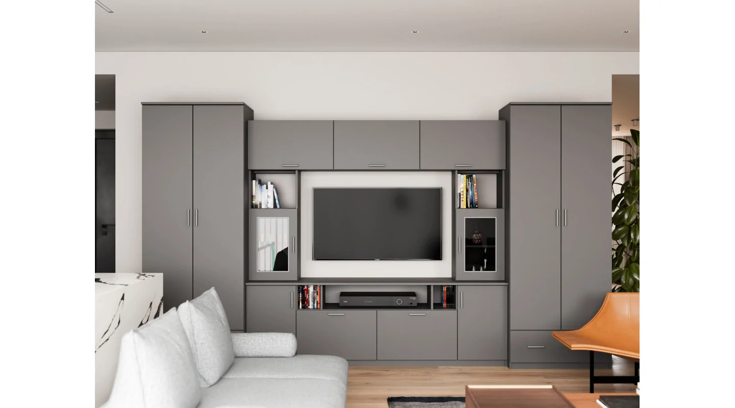 Meblościanka z nadstawkami, dużymi szafami i miejscem na TV 370×210 cm Szary Grafit – TAJGA Meblościanka z nadstawkami, dużymi szafami i miejscem na TV 370×210 cm Szary Grafit – TAJGA