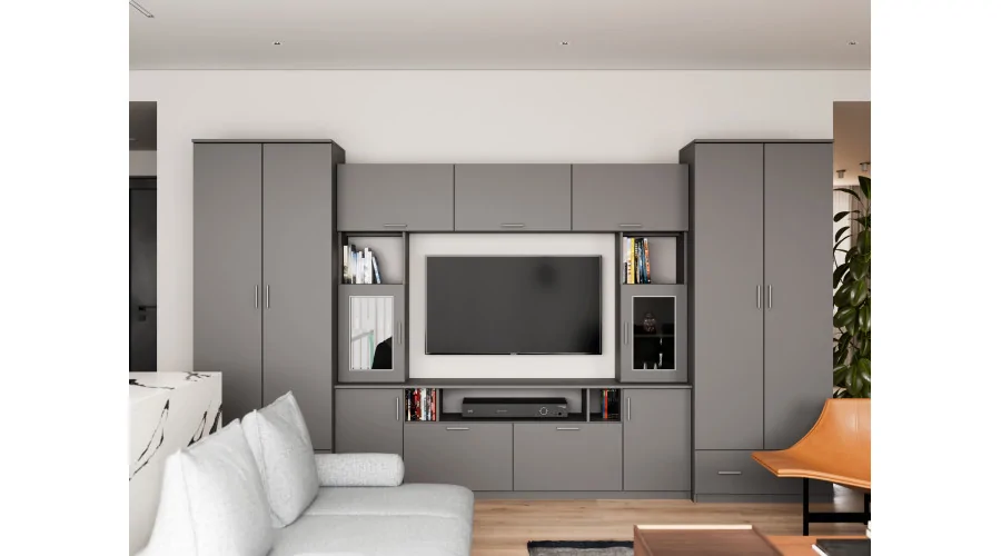 Meblościanka z nadstawkami, dużymi szafami i miejscem na TV 370×210 cm Szary Grafit – TAJGA Meblościanka z nadstawkami, dużymi szafami i miejscem na TV 370×210 cm Szary Grafit – TAJGA