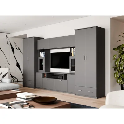 Meblościanka z nadstawkami, dużymi szafami i miejscem na TV 370×210 cm Szary Grafit – TAJGA Meblościanka z nadstawkami, dużymi szafami i miejscem na TV 370×210 cm Szary Grafit – TAJGA