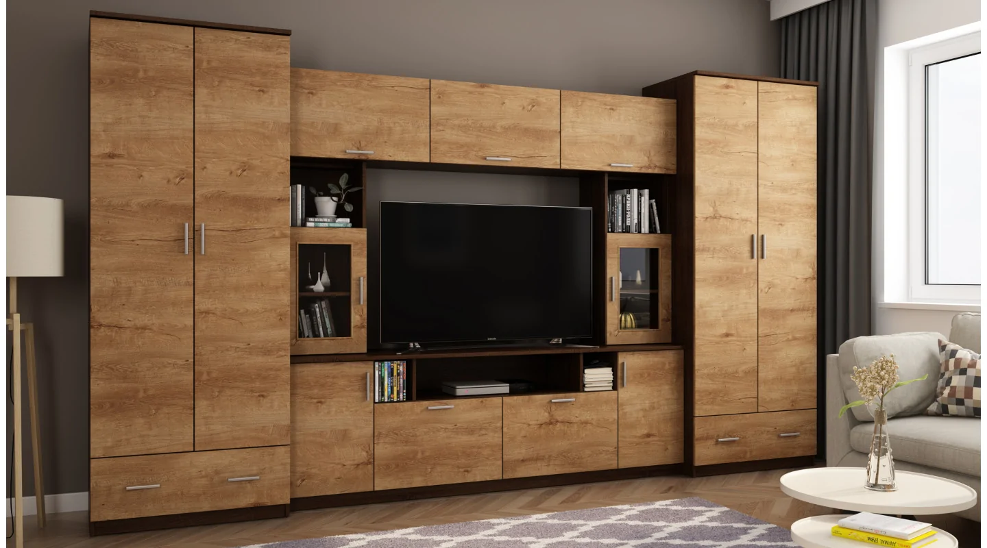 Meblościanka z nadstawkami, dużymi szafami i miejscem na TV 370×210 cm Sonoma Ciemna / Dąb Lefkas – TAJGA