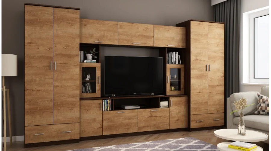 Meblościanka z nadstawkami, dużymi szafami i miejscem na TV 370×210 cm Sonoma Ciemna / Dąb Lefkas – TAJGA