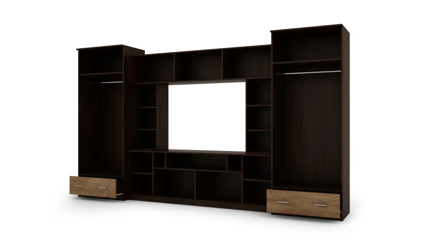 Meblościanka z nadstawkami, dużymi szafami i miejscem na TV 370×210 cm Sonoma Ciemna / Dąb Lefkas – TAJGA