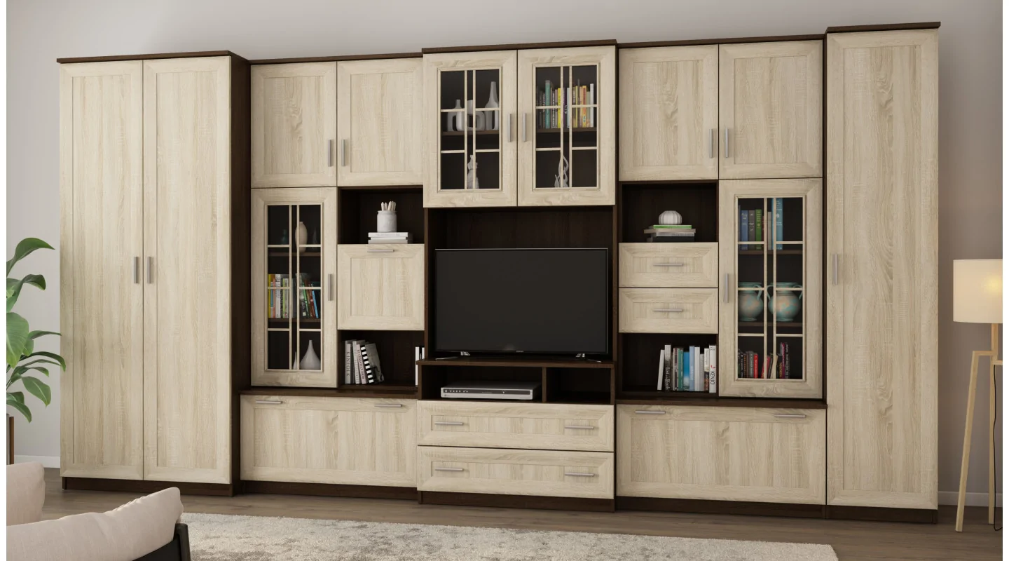 Bardzo pojemna meblościanka RTV z szafą na ubrania 405×210 cm Sonoma Ciemna / Sonoma Jasna – LENA Bardzo pojemna meblościanka RTV z szafą na ubrania 405×210 cm Sonoma Ciemna / Sonoma Jasna – LENA