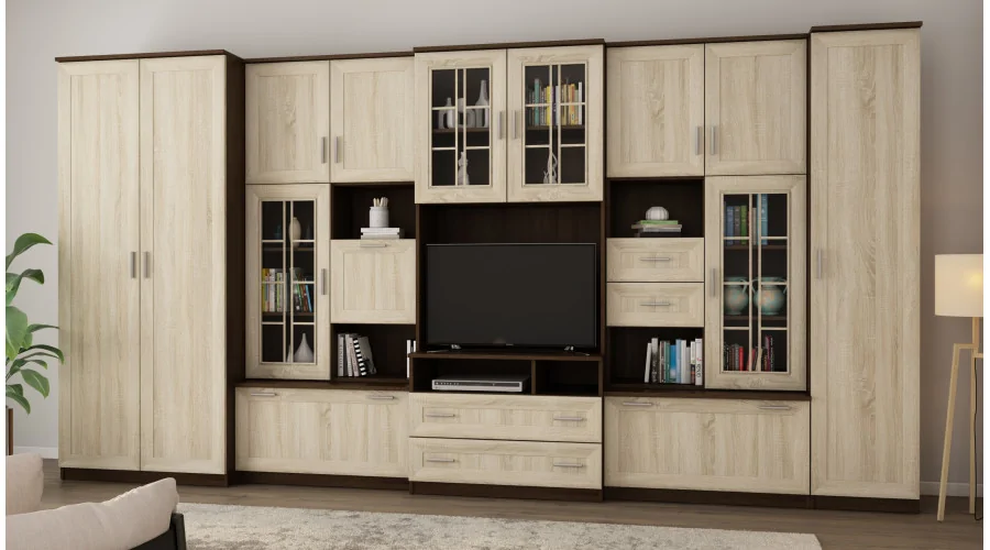 Bardzo pojemna meblościanka RTV z szafą na ubrania 405×210 cm Sonoma Ciemna / Sonoma Jasna – LENA Bardzo pojemna meblościanka RTV z szafą na ubrania 405×210 cm Sonoma Ciemna / Sonoma Jasna – LENA