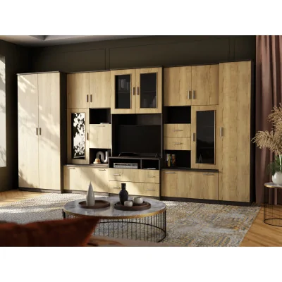 Bardzo pojemna meblościanka RTV z szafą na ubrania 405×210 cm Sonoma Ciemna / Dąb Halifax – LENA