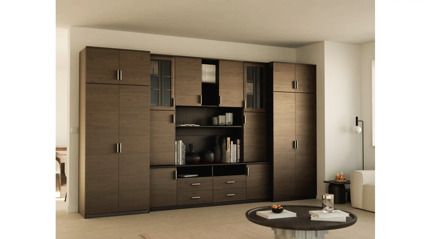 Duża meblościanka z pojemnymi szafami na ubrania i witrynami 390×232 cm Sonoma Ciemna / Orzech Okapi – SAWA