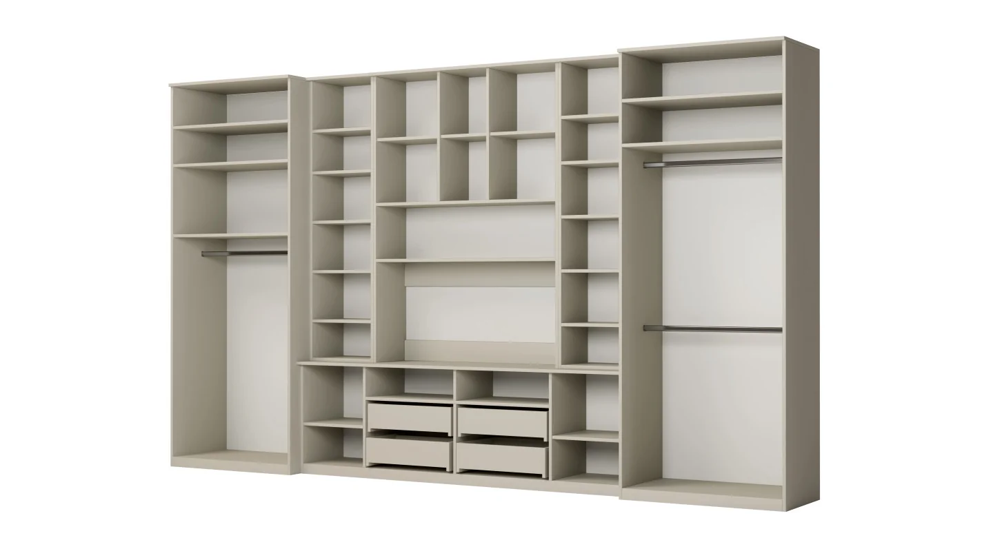 Duża meblościanka z pojemnymi szafami na ubrania i witrynami 390×232 cm Kaszmirowy Beż – SAWA