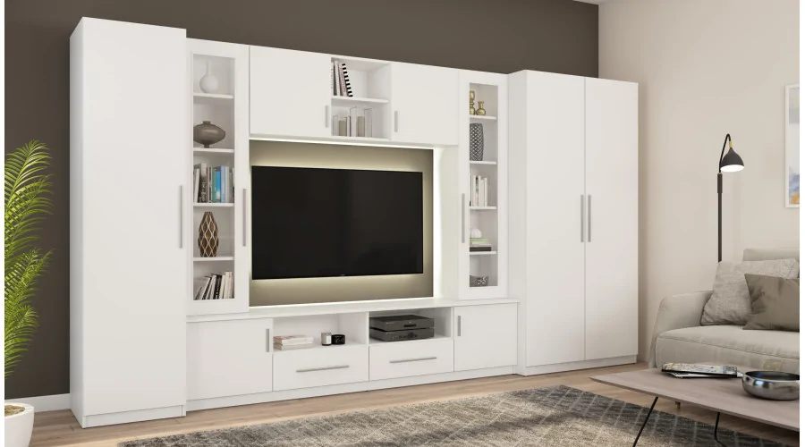 Kompaktowa meblościanka z szafami, szklanymi witrynami i strefą RTV 370×200 cm Biel – NEPTUN Kompaktowa meblościanka z szafami, szklanymi witrynami i strefą RTV 370×200 cm Biel – NEPTUN