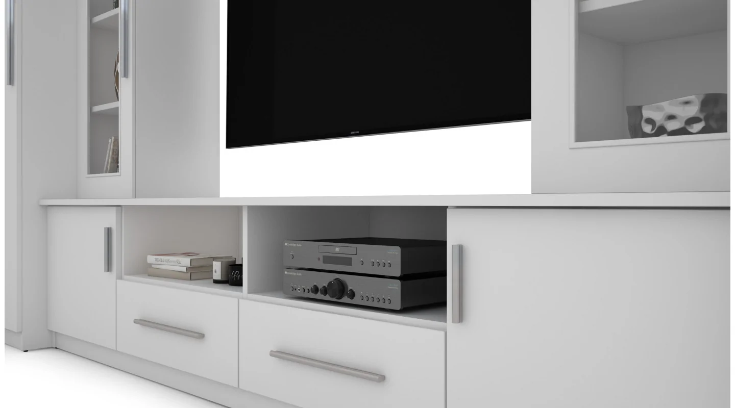 Kompaktowa meblościanka z szafami, szklanymi witrynami i strefą RTV 370×200 cm Biel – NEPTUN Kompaktowa meblościanka z szafami, szklanymi witrynami i strefą RTV 370×200 cm Biel – NEPTUN