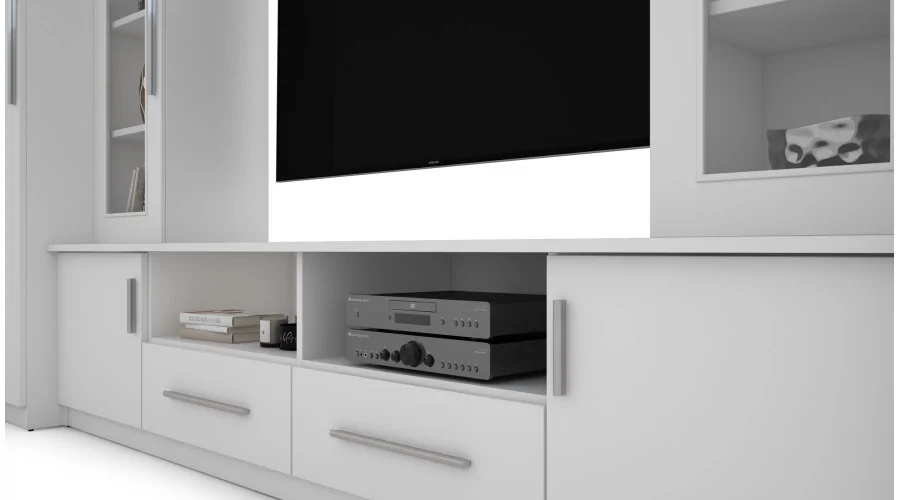 Kompaktowa meblościanka z szafami, szklanymi witrynami i strefą RTV 370×200 cm Biel – NEPTUN Kompaktowa meblościanka z szafami, szklanymi witrynami i strefą RTV 370×200 cm Biel – NEPTUN