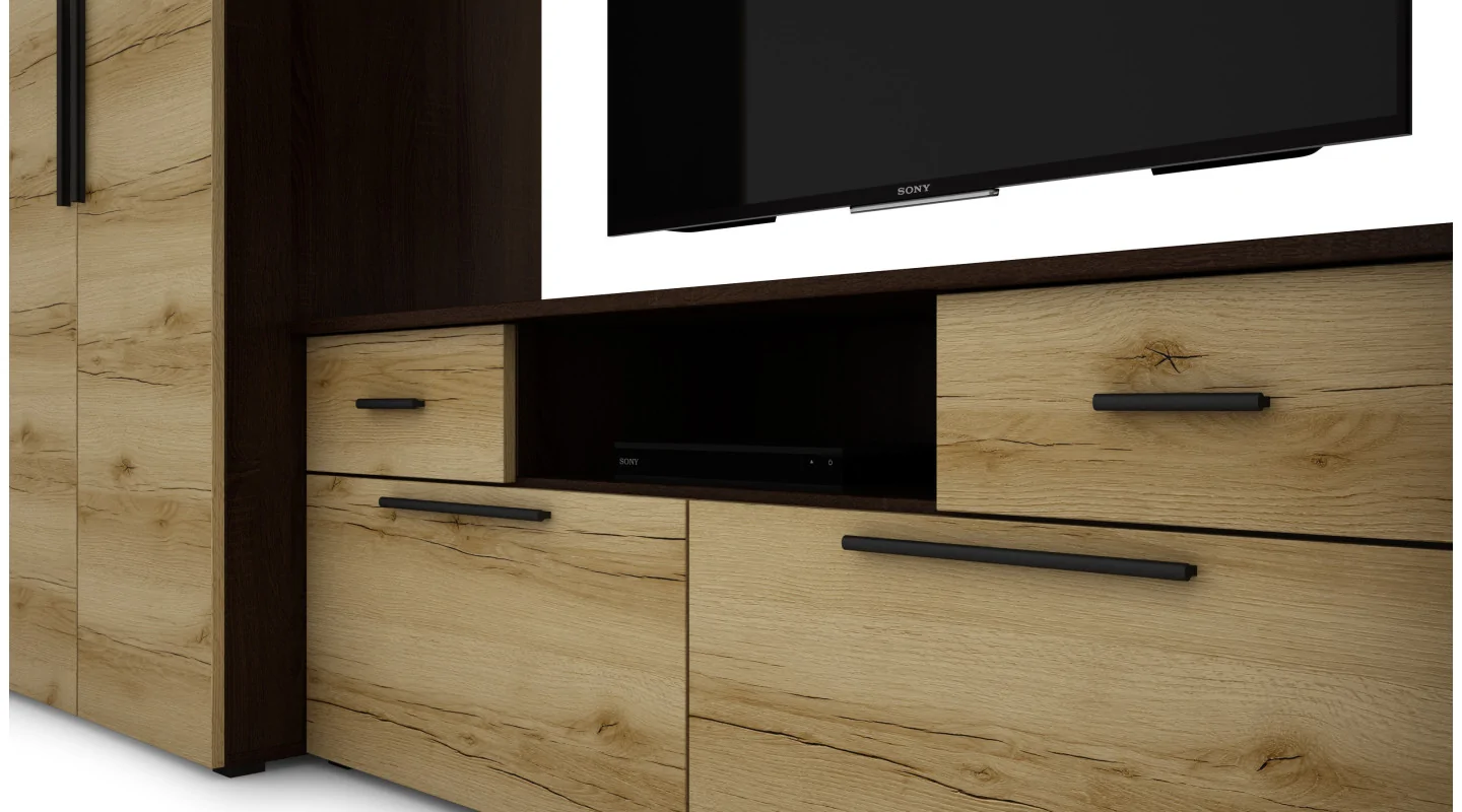 Nowoczesna meblościanka z pojemnymi szafami, RTV i nadstawkami 330×189 cm Sonoma Ciemna / Dąb Grand – ZEUS