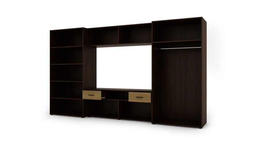 Nowoczesna meblościanka z pojemnymi szafami, RTV, nadstawkami i szafkami 330×189 cm Sonoma Ciemna / Dąb Karmel – ZEUS Nowoczesna meblościanka z pojemnymi szafami, RTV, nadstawkami i szafkami 330×189 cm Sonoma Ciemna / Dąb Karmel – ZEUS