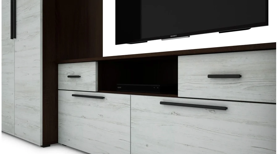 Nowoczesna meblościanka z pojemnymi szafami, RTV, nadstawkami i szafkami 330×189 cm Sonoma Ciemna / Sosna Anderson – ZEUS
