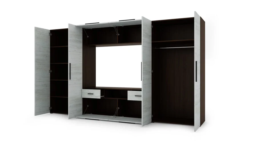 Nowoczesna meblościanka z pojemnymi szafami, RTV, nadstawkami i szafkami 330×189 cm Sonoma Ciemna / Sosna Anderson – ZEUS