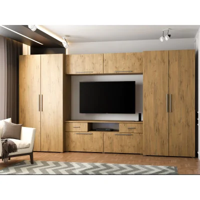 Nowoczesna meblościanka z pojemnymi szafami, RTV, nadstawkami i szafkami 330×189 cm Dąb Lancelot – ZEUS