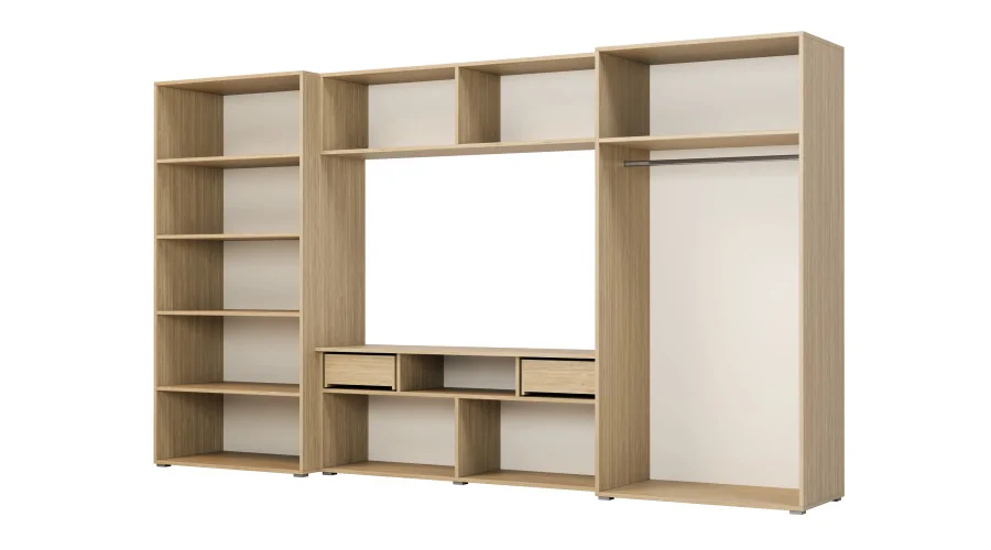 Nowoczesna meblościanka z pojemnymi szafami, RTV, nadstawkami i szafkami 330×189 cm Dąb Olejowany – ZEUS Nowoczesna meblościanka z pojemnymi szafami, RTV, nadstawkami i szafkami 330×189 cm Dąb Olejowany – ZEUS