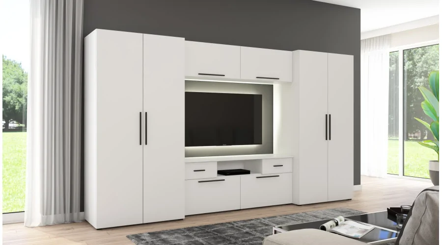 Nowoczesna meblościanka z pojemnymi szafami, RTV, nadstawkami i szafkami 330×189 cm Biel Arktyczna – ZEUS