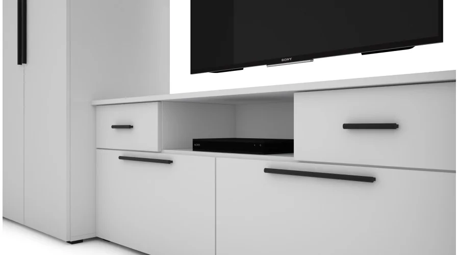 Nowoczesna meblościanka z pojemnymi szafami, RTV, nadstawkami i szafkami 330×189 cm Biel Arktyczna – ZEUS