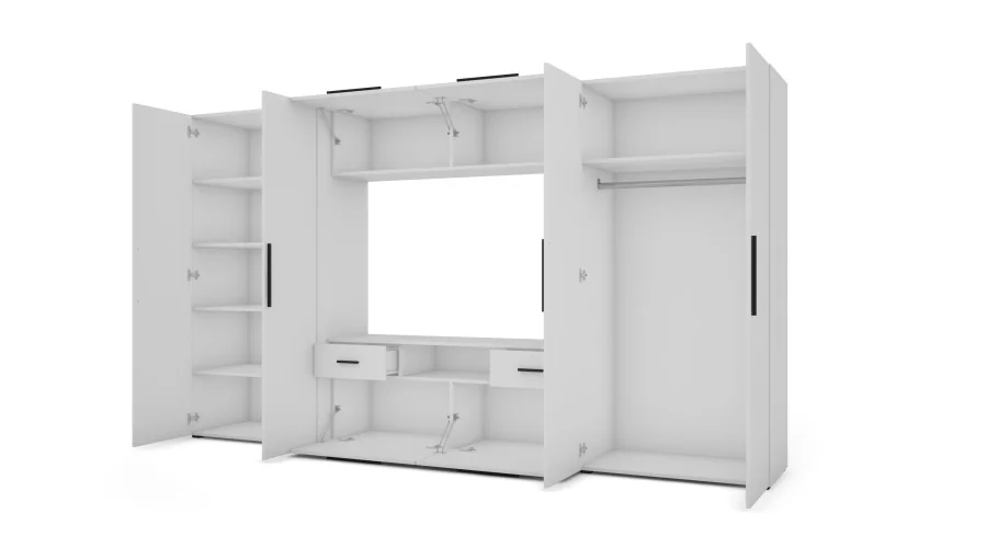 Nowoczesna meblościanka z pojemnymi szafami, RTV, nadstawkami i szafkami 330×189 cm Biel Arktyczna – ZEUS