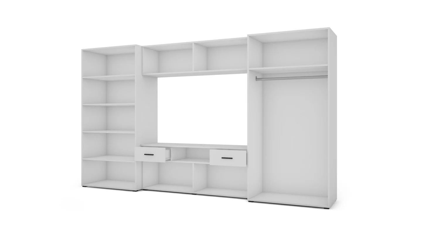 Nowoczesna meblościanka z pojemnymi szafami, RTV, nadstawkami i szafkami 330×189 cm Biel Arktyczna – ZEUS