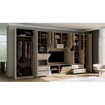 Meblościanka z barkiem i szafą, RTV 400×210 cm Sonoma Ciemna / Dąb Artisan – CYKLON