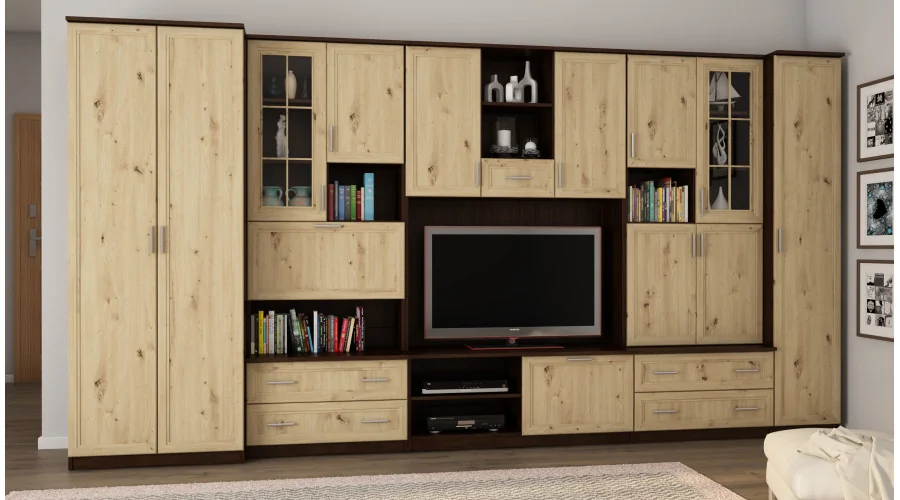 Meblościanka z barkiem i szafą, RTV 400×210 cm Sonoma Ciemna / Dąb Artisan – CYKLON Meblościanka z barkiem i szafą, RTV 400×210 cm Sonoma Ciemna / Dąb Artisan – CYKLON