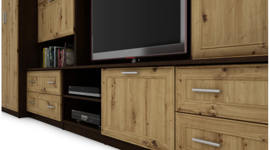 Meblościanka z barkiem i szafą, RTV 400×210 cm Sonoma Ciemna / Dąb Artisan – CYKLON Meblościanka z barkiem i szafą, RTV 400×210 cm Sonoma Ciemna / Dąb Artisan – CYKLON