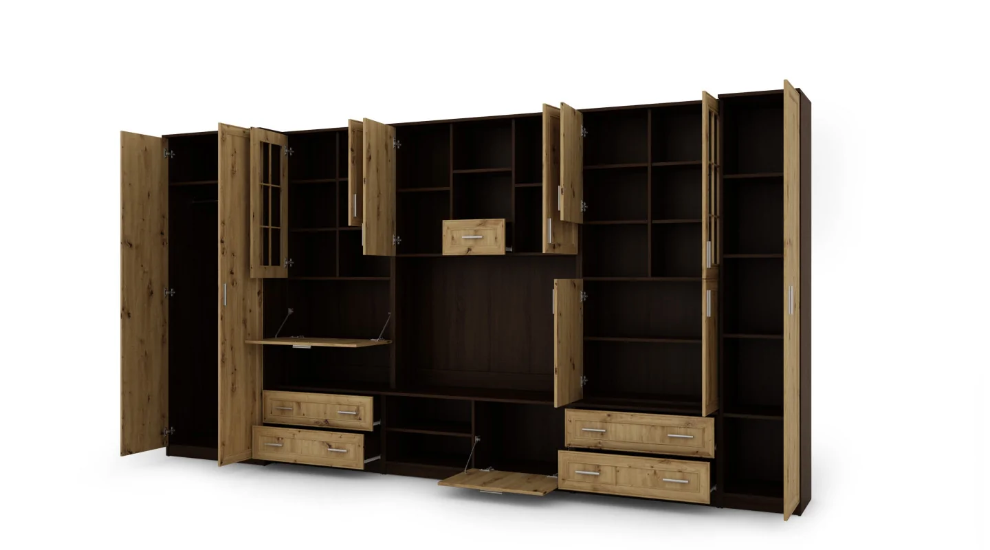 Meblościanka z barkiem i szafą, RTV 400×210 cm Sonoma Ciemna / Dąb Artisan – CYKLON Meblościanka z barkiem i szafą, RTV 400×210 cm Sonoma Ciemna / Dąb Artisan – CYKLON