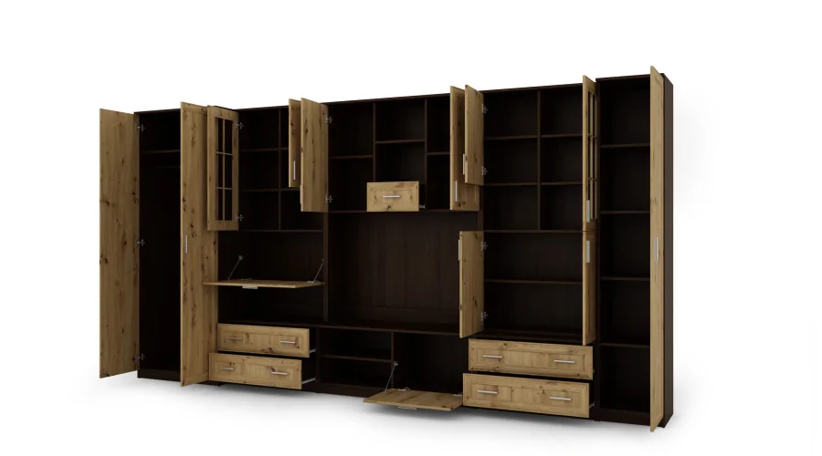 Meblościanka z barkiem i szafą, RTV 400×210 cm Sonoma Ciemna / Dąb Artisan – CYKLON Meblościanka z barkiem i szafą, RTV 400×210 cm Sonoma Ciemna / Dąb Artisan – CYKLON