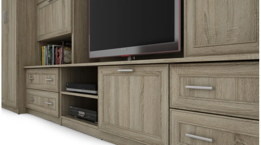 Meblościanka z barkiem i szafą, RTV 400×210 cm Sonoma Jasna / Dąb Lefkas – CYKLON Meblościanka z barkiem i szafą, RTV 400×210 cm Sonoma Jasna / Dąb Lefkas – CYKLON