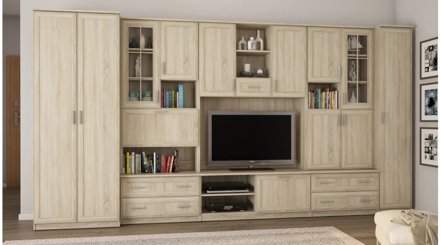 Meblościanka z barkiem i szafą, RTV 400×210 cm Sonoma Jasna / Dąb Lefkas – CYKLON Meblościanka z barkiem i szafą, RTV 400×210 cm Sonoma Jasna / Dąb Lefkas – CYKLON