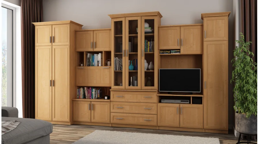 Wysoka klasyczna meblościanka z pojemnymi szafami i witryną RTV 370×207 cm Olcha – ALEN