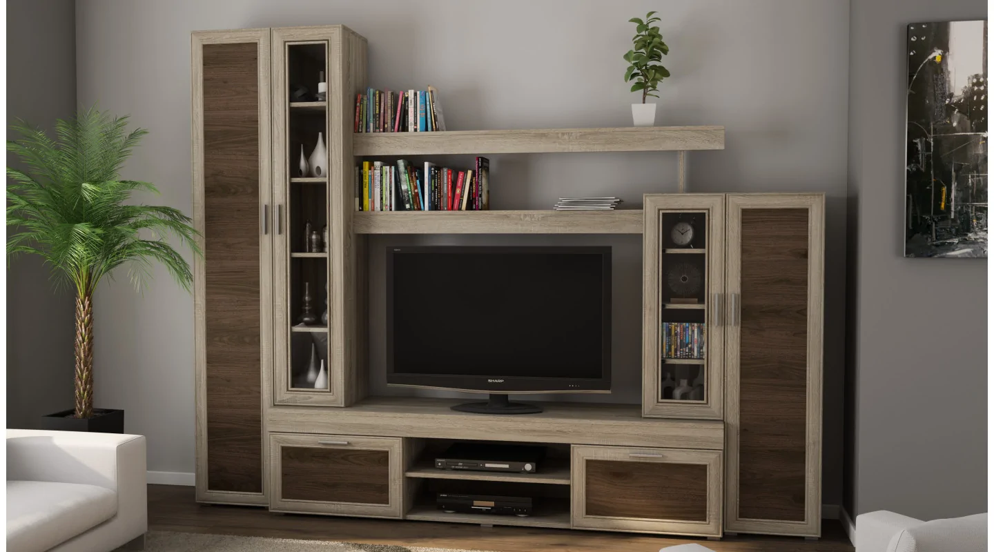 Mała meblościanka z witryną i miejscem na telewizor 266×210 cm Sonoma Jasna / Orzech Okapi – APOLLO
