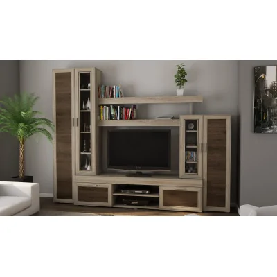 Mała meblościanka z witryną i miejscem na telewizor 266×210 cm Sonoma Jasna / Orzech Okapi – APOLLO