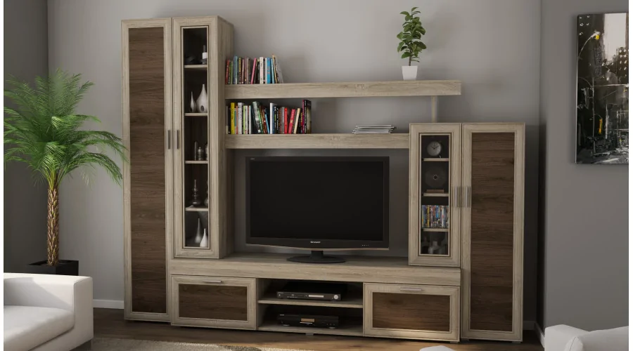Mała meblościanka z witryną i miejscem na telewizor 266×210 cm Sonoma Jasna / Orzech Okapi – APOLLO
