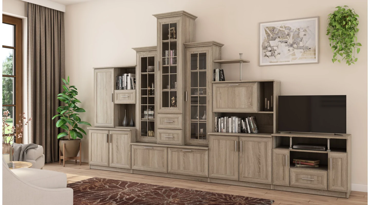 Klasyczna meblościanka z potrójną witryną, barkiem i szafką RTV 280×207 cm Sonoma Jasna – HADES + RTV