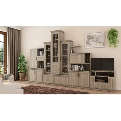 Klasyczna meblościanka z potrójną witryną, barkiem i szafką RTV 280×207 cm Sonoma Jasna – HADES + RTV
