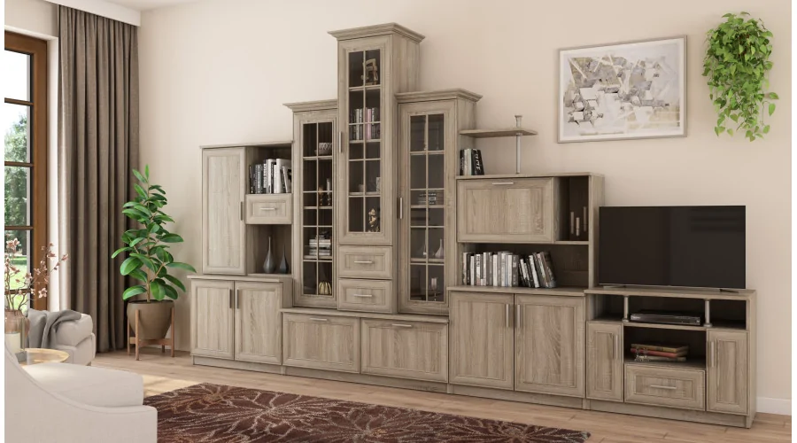 Klasyczna meblościanka z potrójną witryną, barkiem i szafką RTV 280×207 cm Sonoma Jasna – HADES + RTV