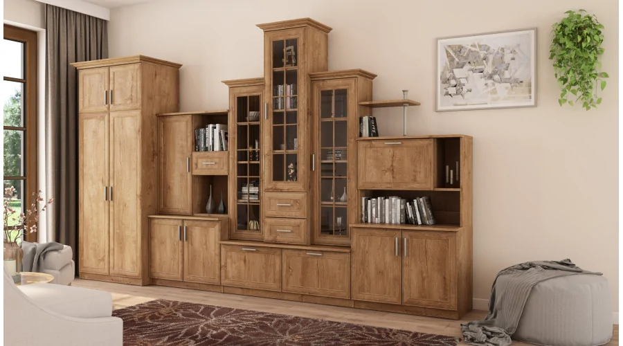 Klasyczna meblościanka z potrójną witryną i pojemną szafą 360×207 cm Sonoma Jasna – HADES + Szafa