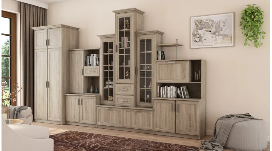 Klasyczna meblościanka z potrójną witryną i pojemną szafą 360×207 cm Sonoma Jasna – HADES + Szafa
