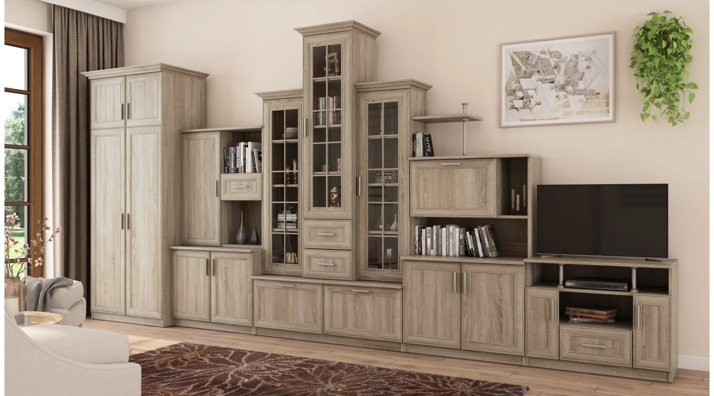Bardzo duża klasyczna meblościanka z potrójną witryną, pojemną szafą i szafką RTV 440×207 cm Sonoma Jasna – HADES + Szafa + RTV