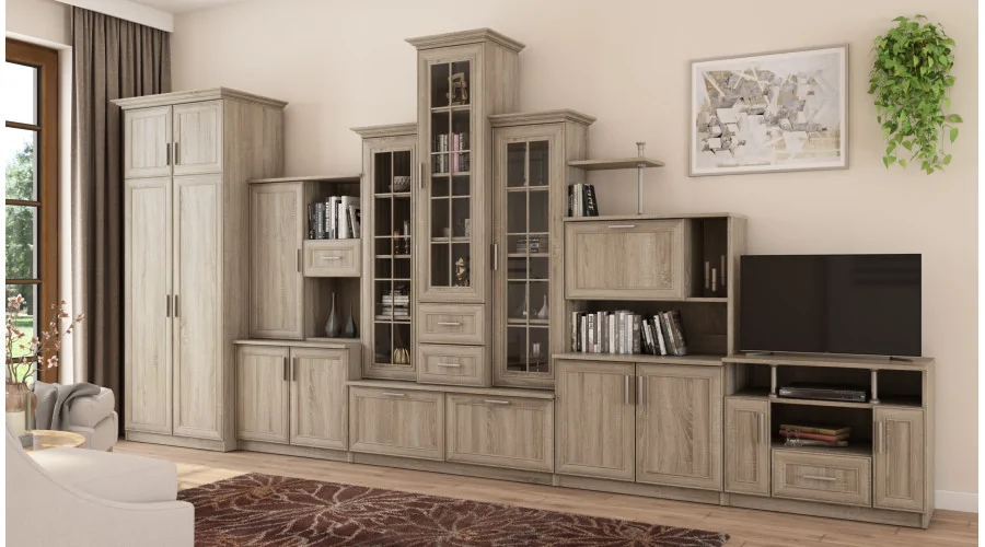 Bardzo duża klasyczna meblościanka z potrójną witryną, pojemną szafą i szafką RTV 440×207 cm Sonoma Jasna – HADES + Szafa + RTV