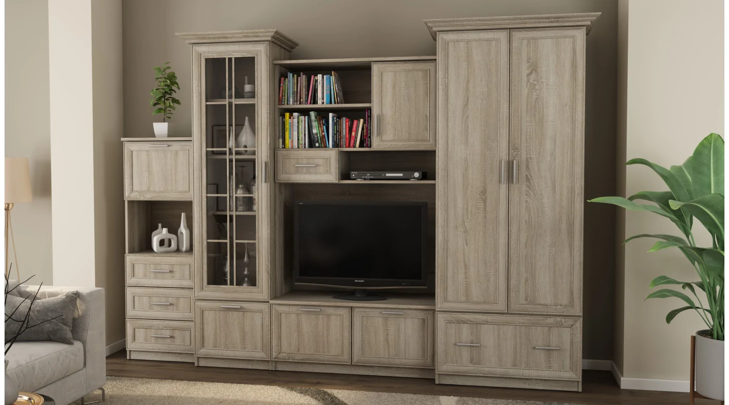 Klasyczna meblościanka z pojemną szafą i barkiem 280×207 cm Sonoma Jasna – MILO