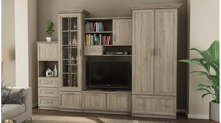 Klasyczna meblościanka z pojemną szafą i barkiem 280×207 cm Sonoma Jasna – MILO