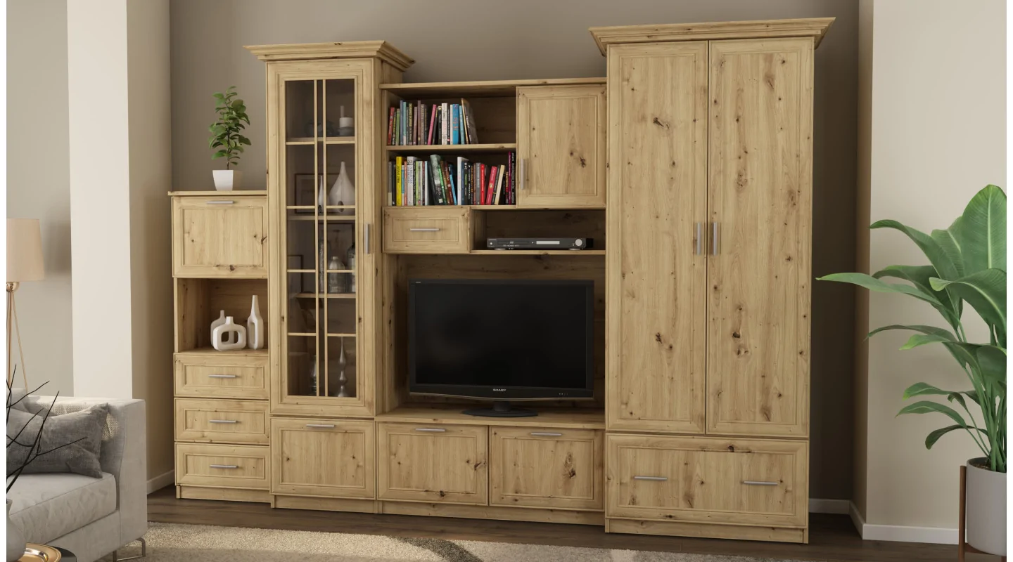 Klasyczna meblościanka z pojemną szafą i barkiem 280×207 cm Dąb Artisan – MILO