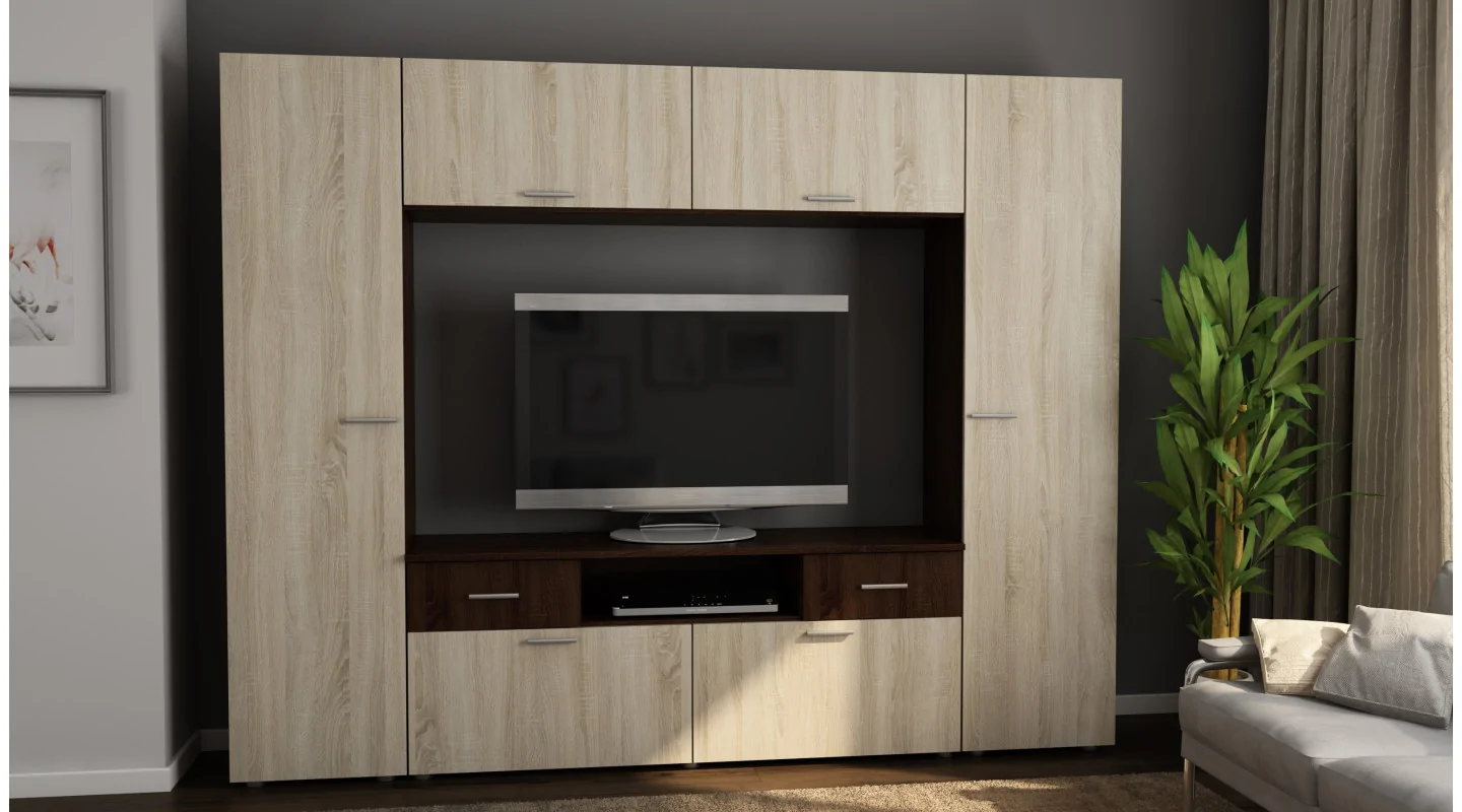 Zabudowana meblościanka z miejscem na telewizor 240×190 cm Sonoma Ciemna / Sonoma Jasna – PLUTON